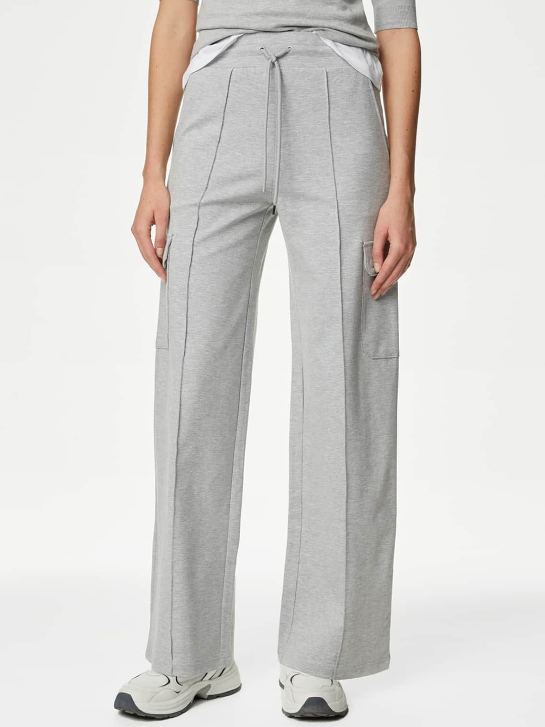 

Marks & Spencer Women Flared High-Rise Pleated Wide Leg Trousers, Grey