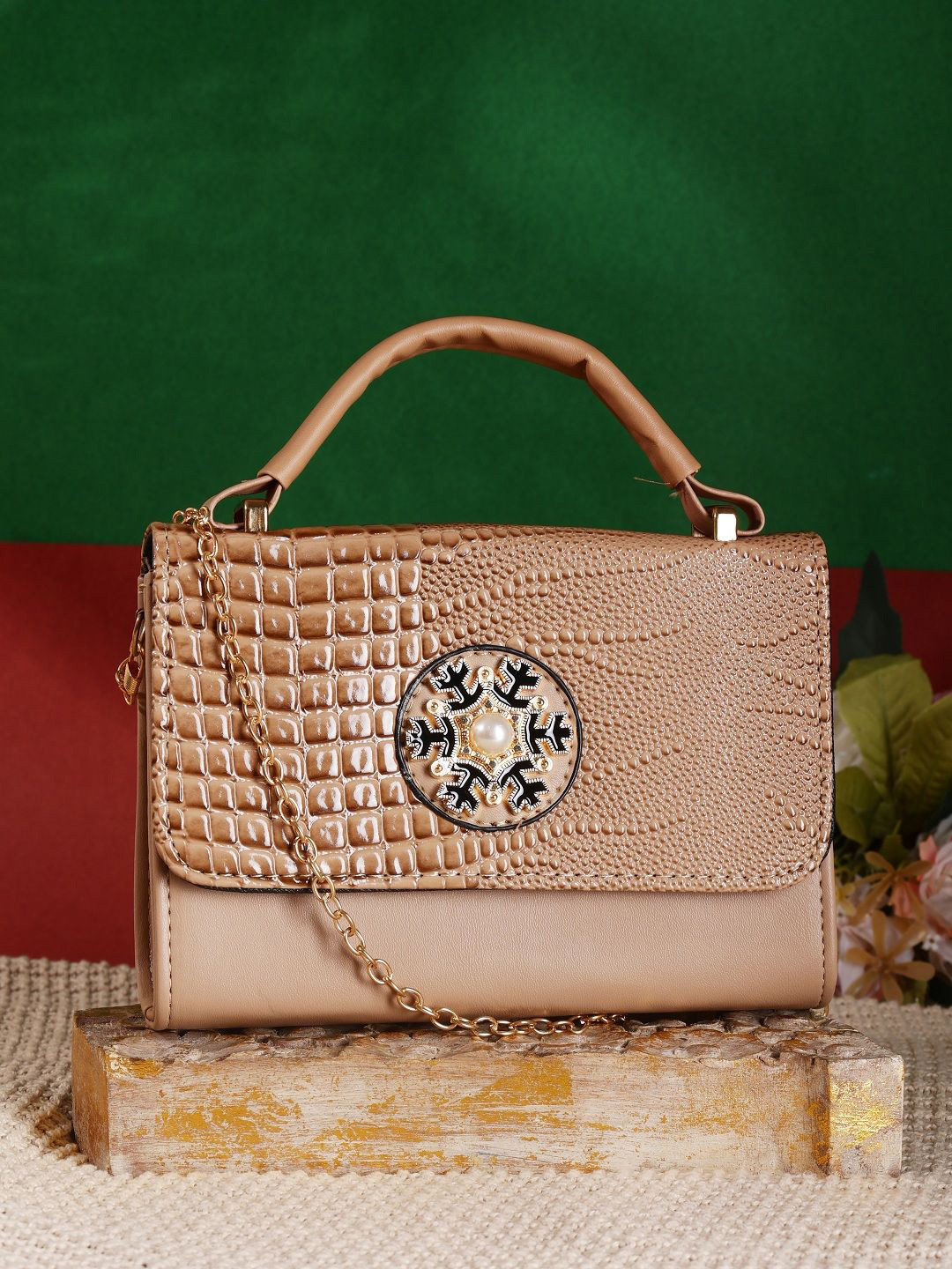 

ZEVORA Animal Structured Sling Bag with Tasselled, Beige