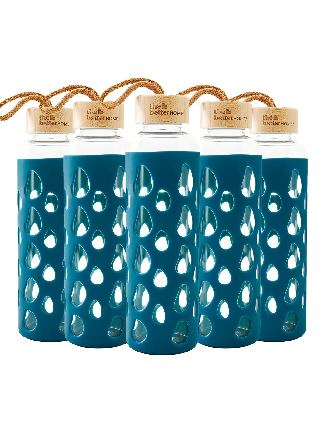 

The Better Home Blue 5 Pcs Borosilicate Glass Water Bottle With Sleeve & Bamboo Lid 550ml