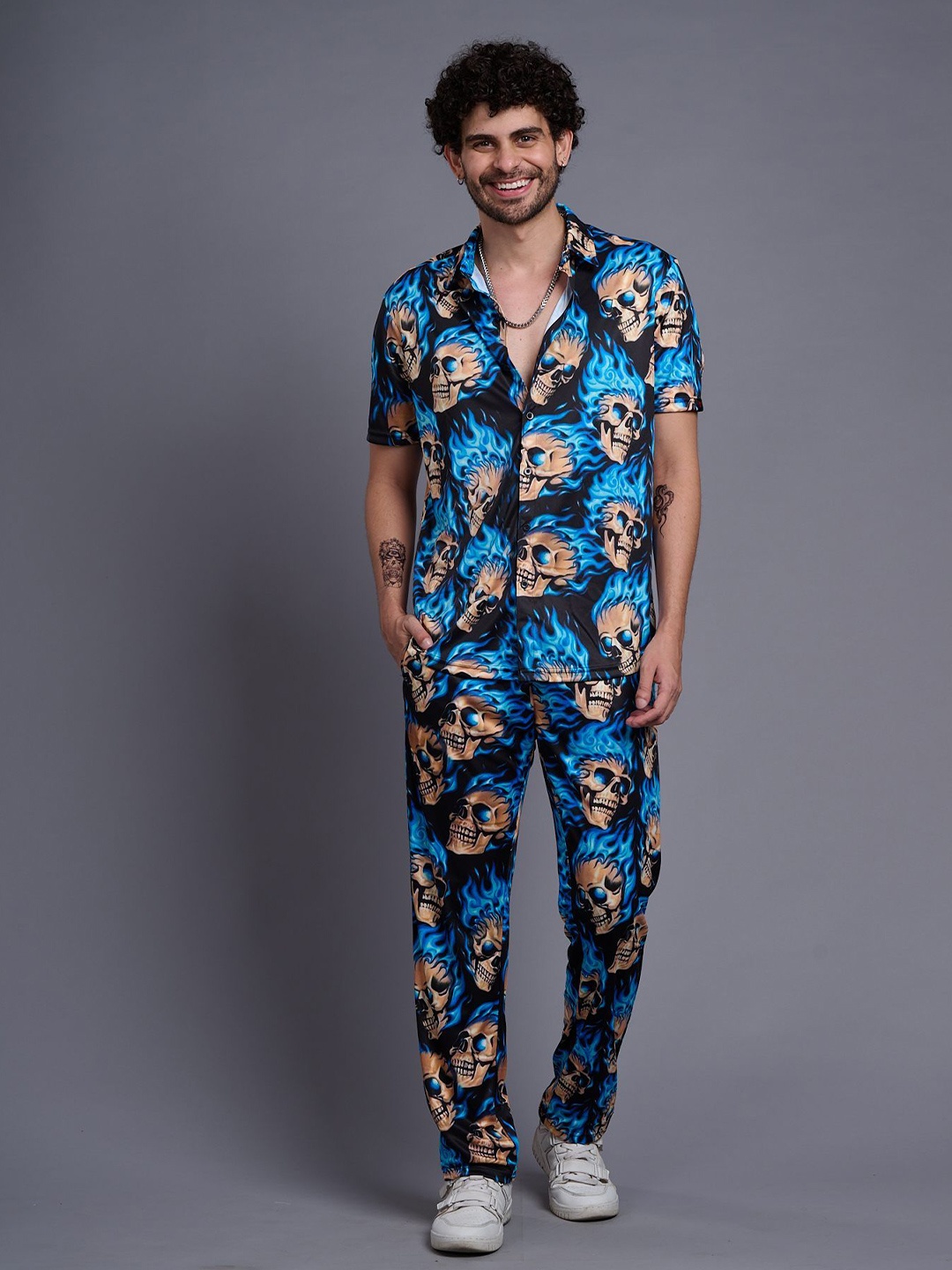 

GO DEVIL Printed Pure Cotton Short Sleeves Shirt & Trousers, Blue
