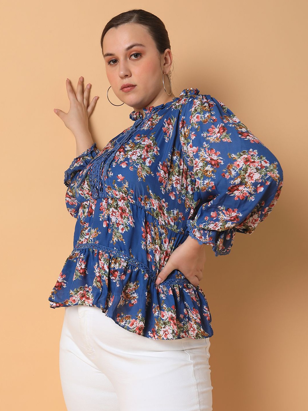 

SHOWOFF Floral Print Puff Sleeve Georgette Peplum Top, Blue