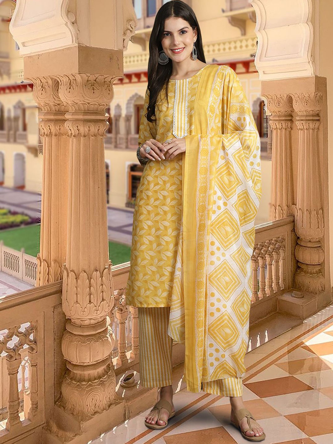 

7Threads Floral Printed Pure Cotton Kurta with Trousers & Dupatta, Yellow