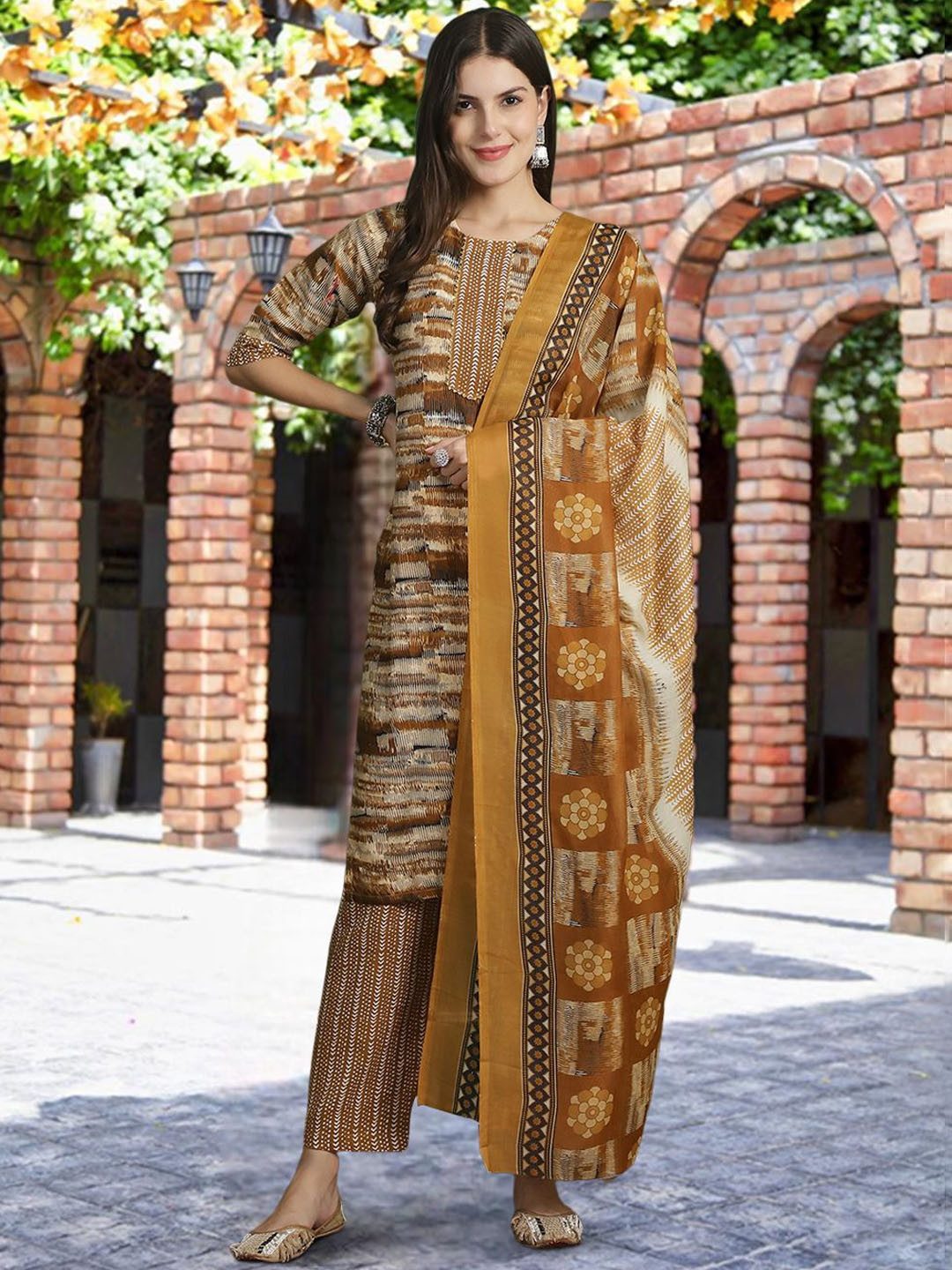 

7Threads Abstract Printed Pure Cotton Straight Kurta With Trousers & Dupatta, Khaki
