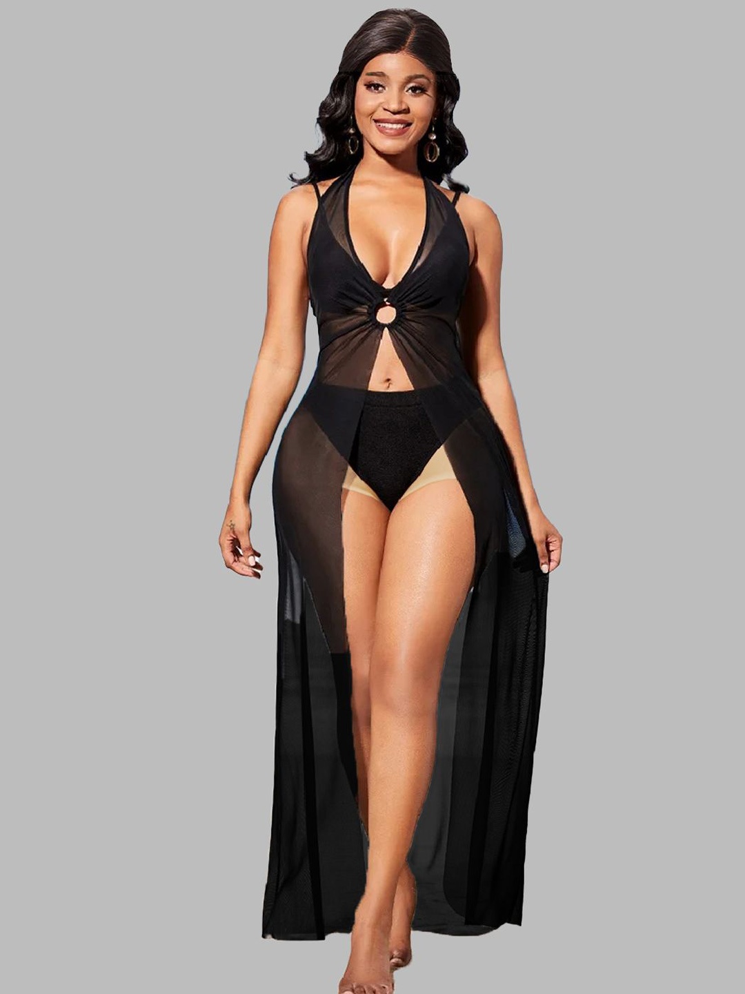 

VAGHBHATT Women Net Halter Neck Baby Doll, Black