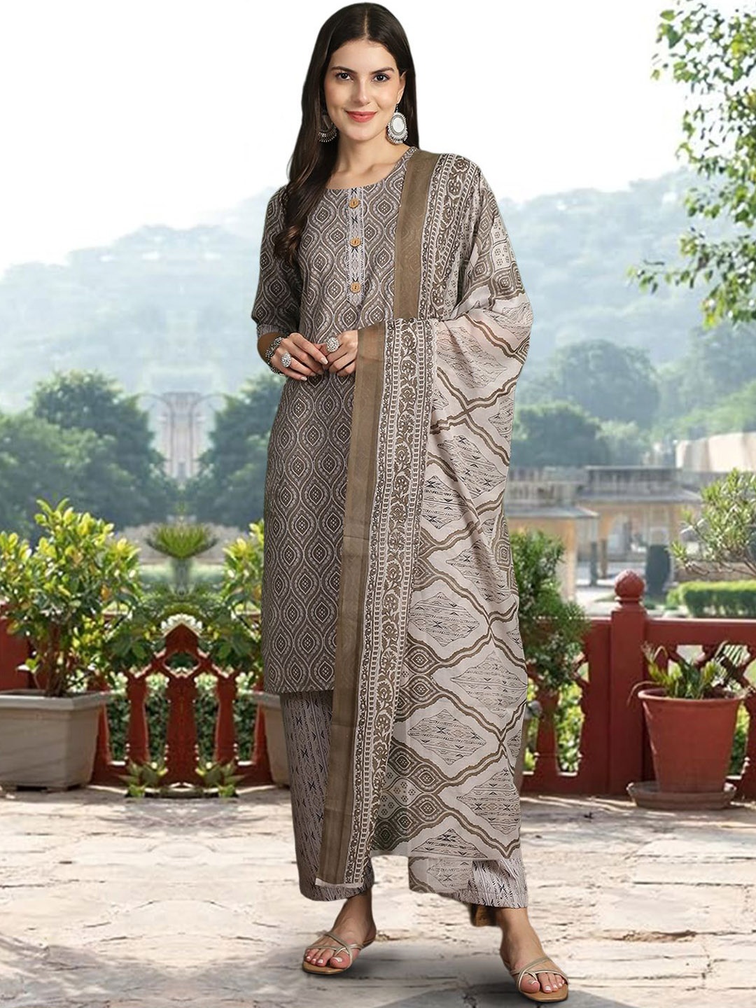 

7Threads Floral Printed Pure Cotton Straight Kurta with Trousers & Dupatta, Grey melange