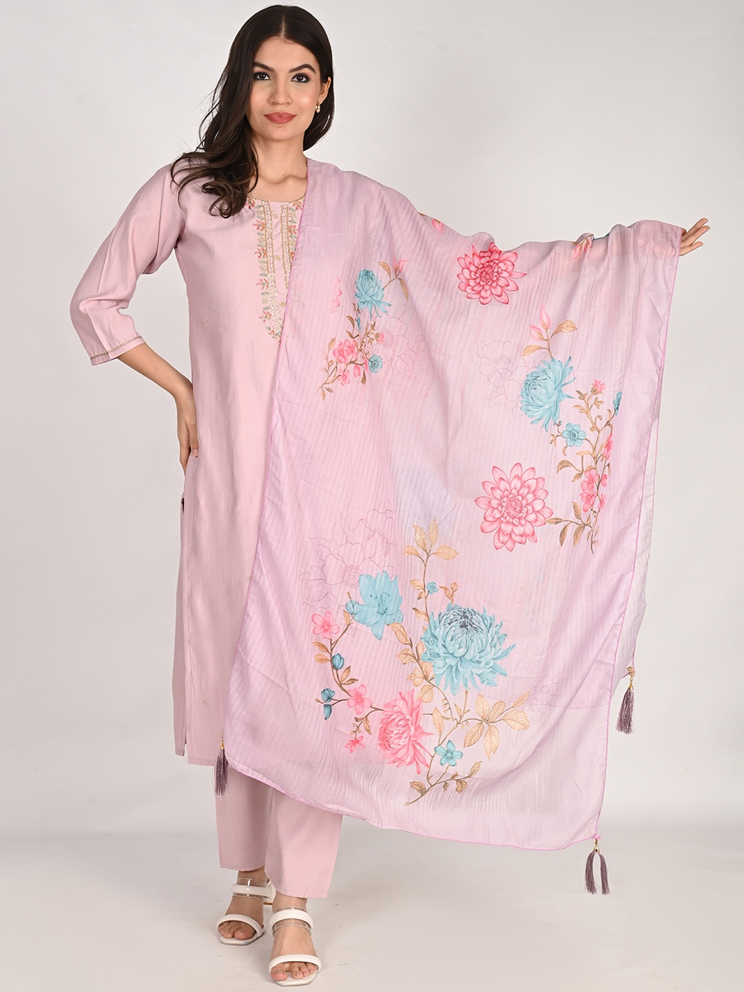 

Girly Girls Floral Yoke Design Straight Pure Cotton Kurta with Palazzos & Dupatta, Pink