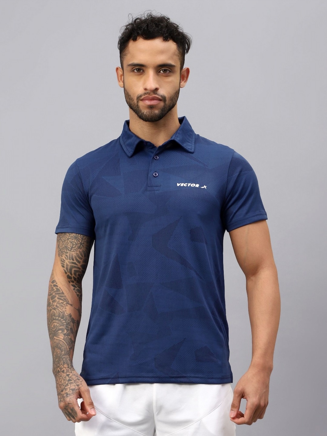 

VECTOR X Men Self Design Polo Collar T-shirt, Navy blue