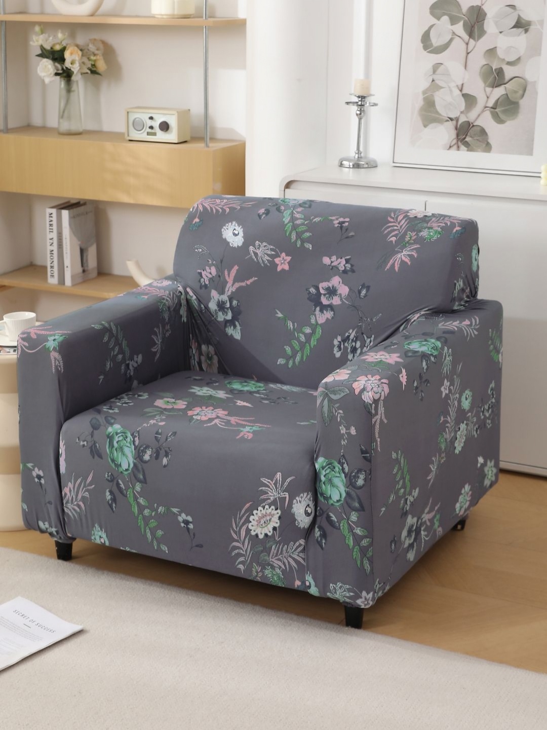 

HOKIPO Grey & Pink Printed 140 GSM Stretchable 1 Seater Sofa Cover With Arms