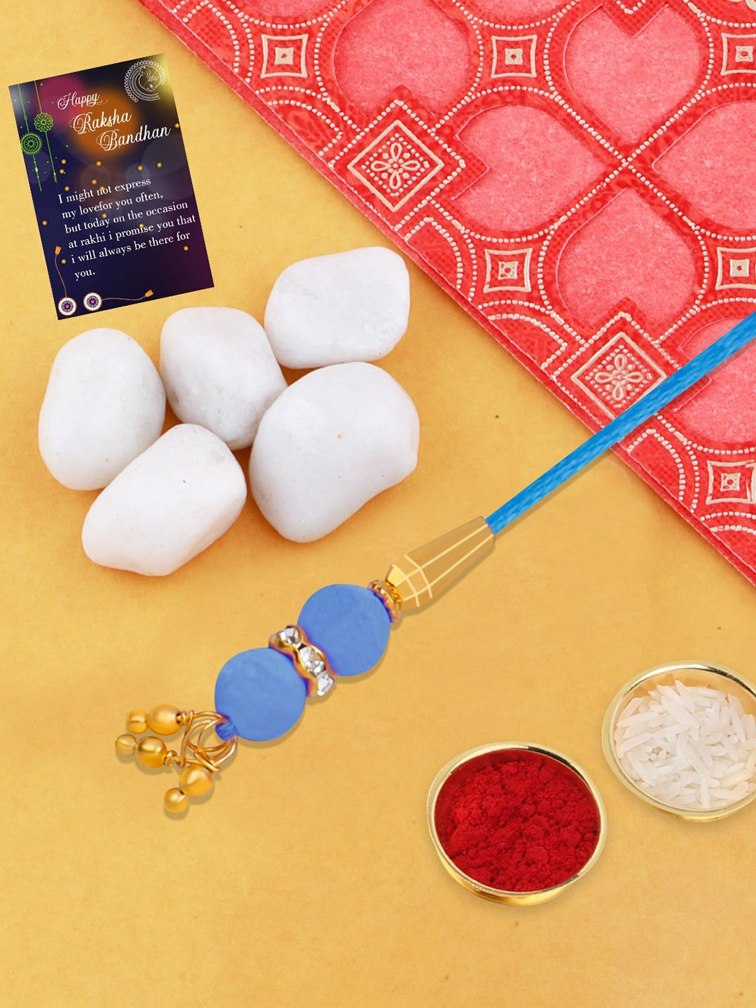 

Silver Shine Rakhi With Roli Chawal & Greeting Card, Blue