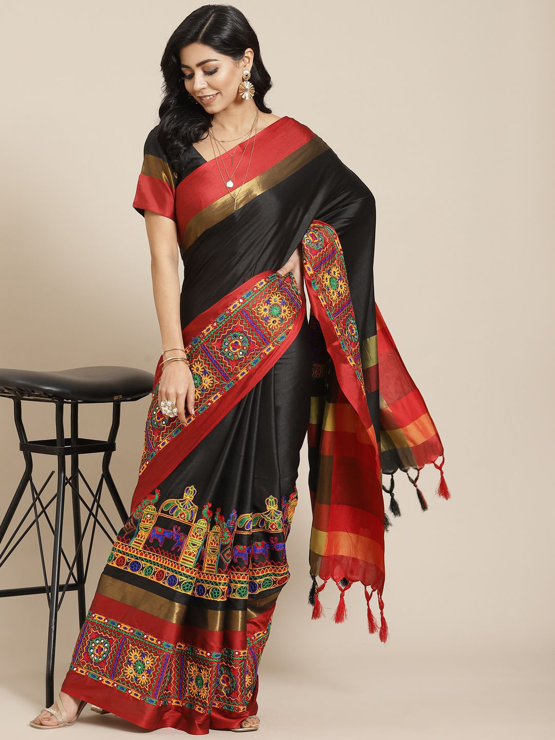 

KALINI Mirror Work Embroidered Saree, Black