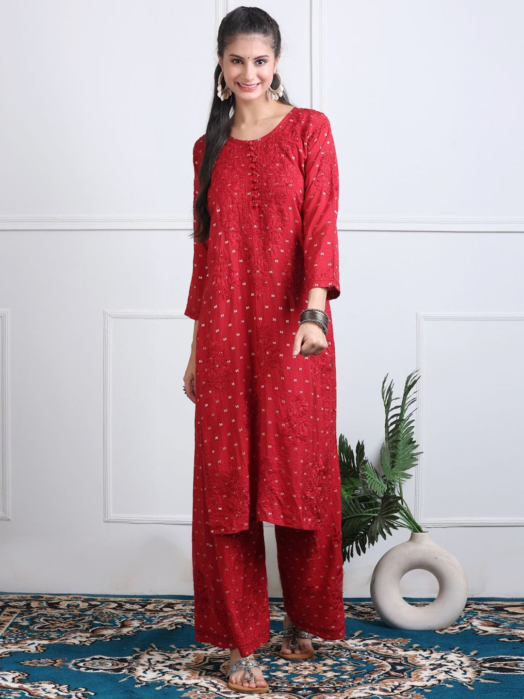 

KHAKA Floral Embroidered Chikankari Chanderi Silk Straight Kurta With Palazzos, Red