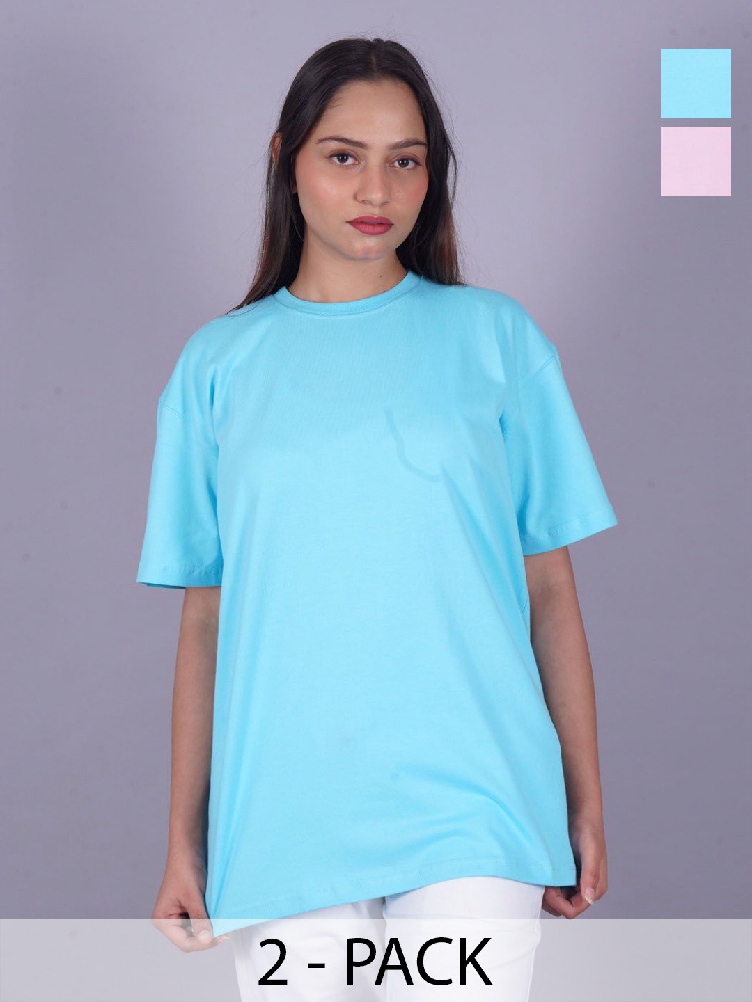 

VYVE Women Pack Of 2 Round Neck Solid T-shirts, Blue