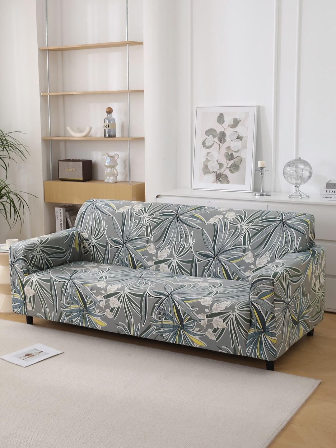 

HOKIPO Grey & Teal Blue Printed 4 Seater Stretchable Sofa Cover With Arms
