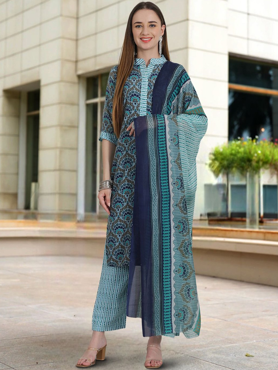 

7Threads Printed Mandarin Collar Pure Cotton Straight Kurta With Trousers & Dupatta, Teal