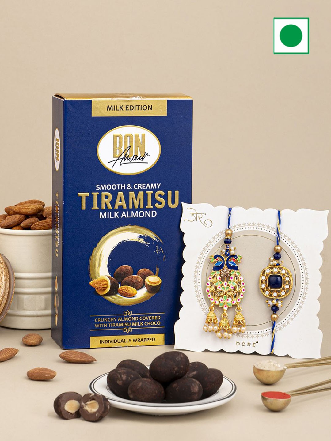 

Hyperfoods 3 Pieces Milk Almond Chocolate 200gm With Bhaiya Bhabhi Rakhi, Blue