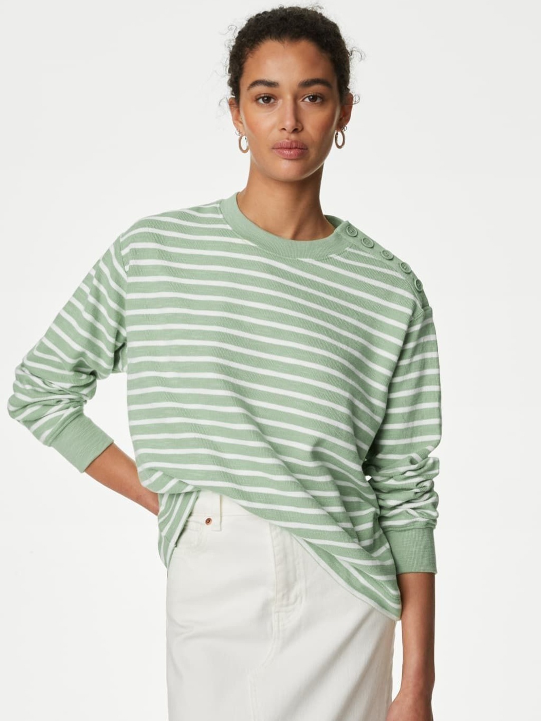 

Marks & Spencer Women Cotton Printed Striped Sweatshirt, Green