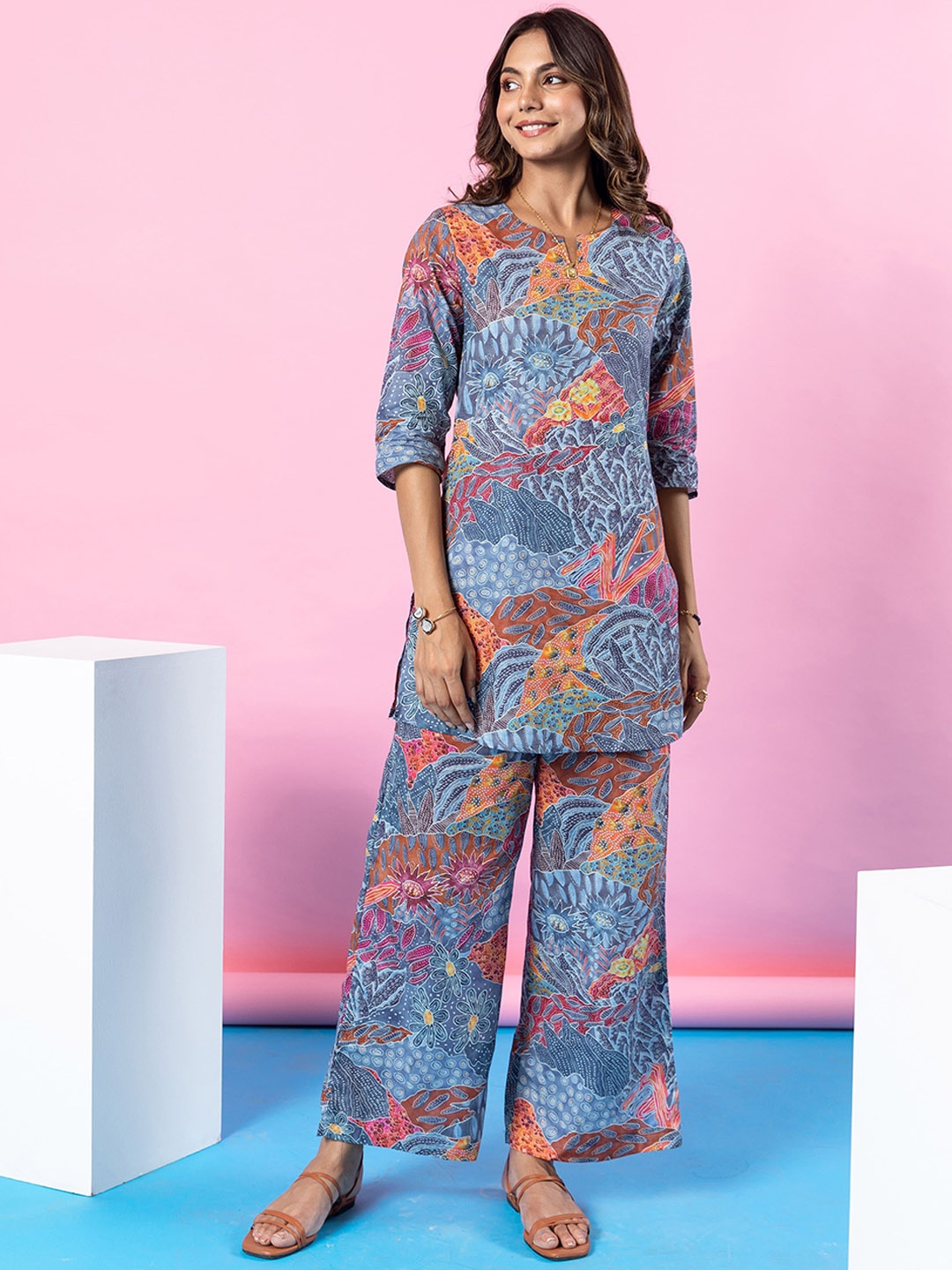 

HUKUM Abstract Printed Pure Cotton Tunic With Palazzos, Blue