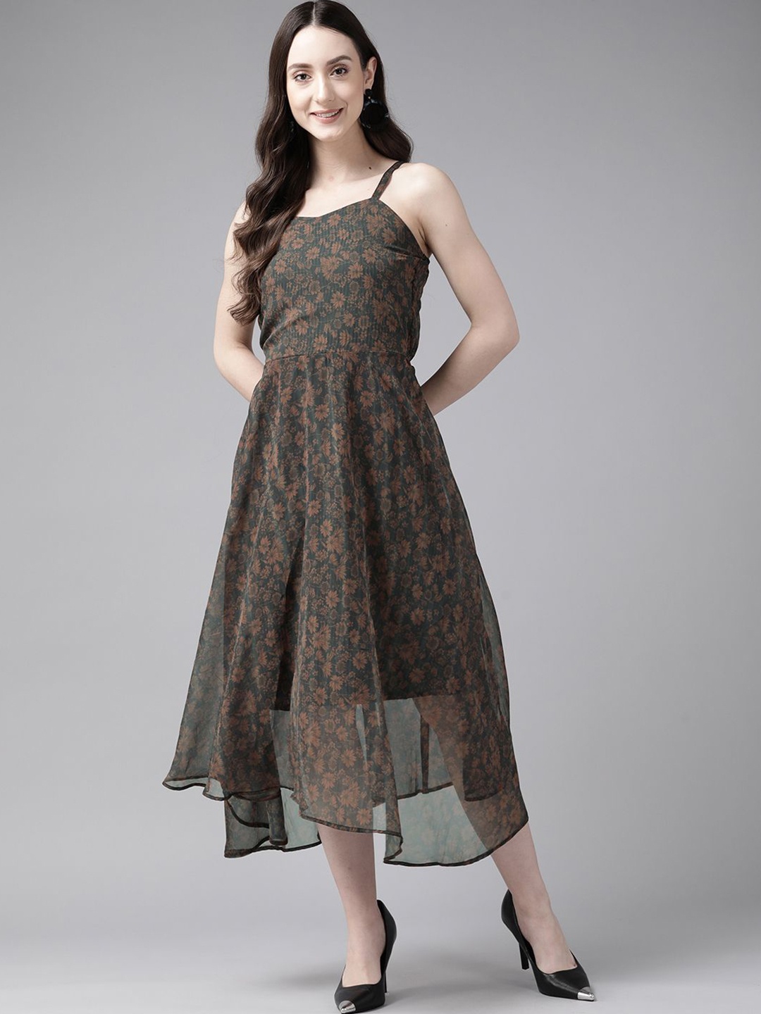 

BAESD Floral Print Georgette A-Line Midi Dress, Black