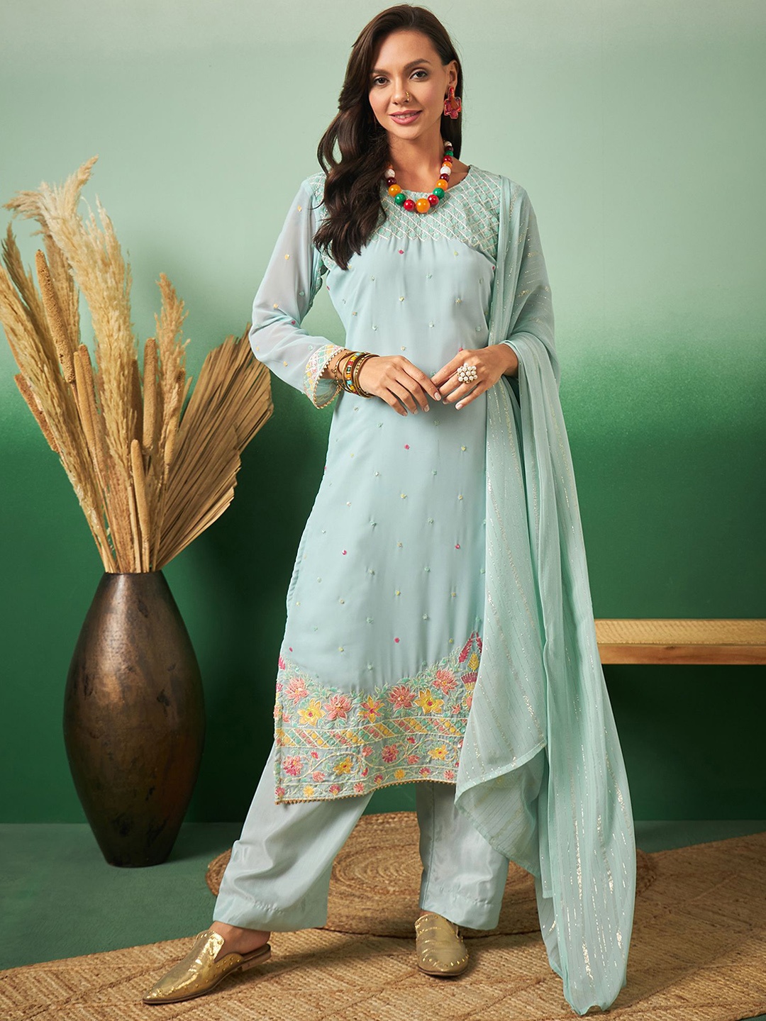 

Sangria Blue Floral Embroidered Georgette Straight Kurta With Trouser & Dupatta