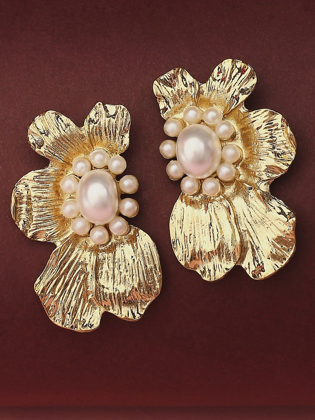 

OOMPH Floral Pearls Beaded Oversized Drop Earrings, Gold