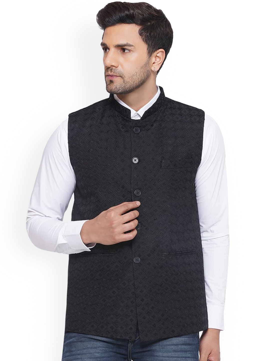 

VEERA PARIDHAAN Embroidered Woven Nehru Jacket, Black