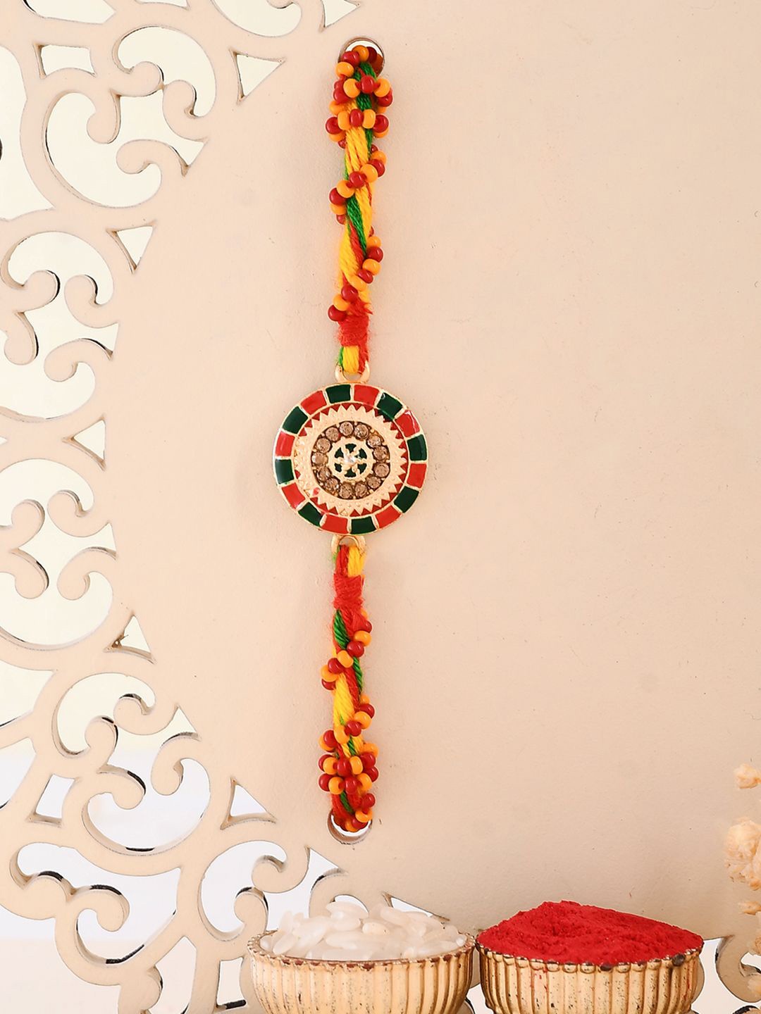 

Anouk Enameled Twisted Thread Rakhi With Roli Chawal & Greetings Card, Gold