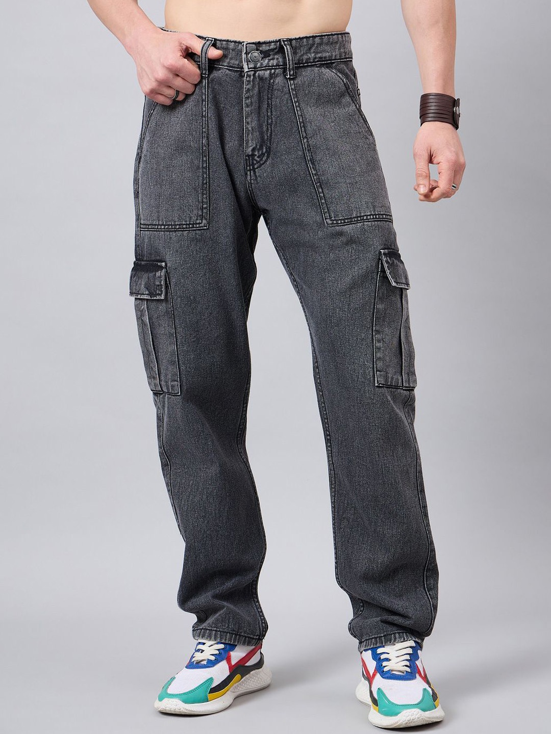 

STUDIO NEXX Men Relaxed Fit Mid-Rise Cargo Jeans, Grey