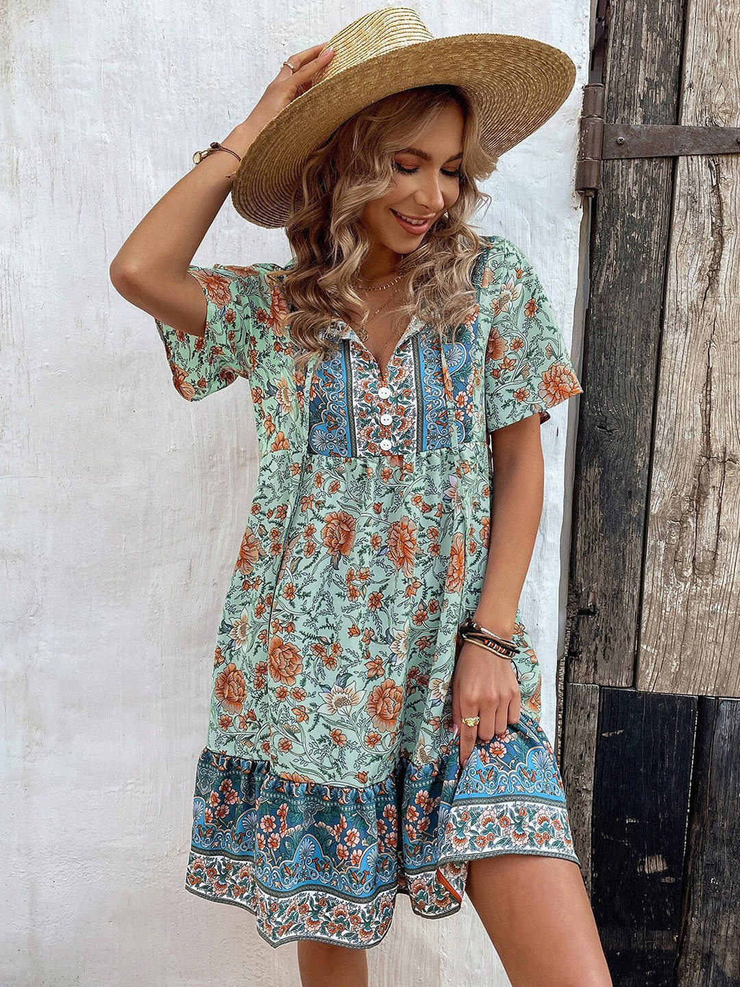

StyleCast Ethnic Motifs Print Tie-Up Neck A-Line Midi Dress, Green
