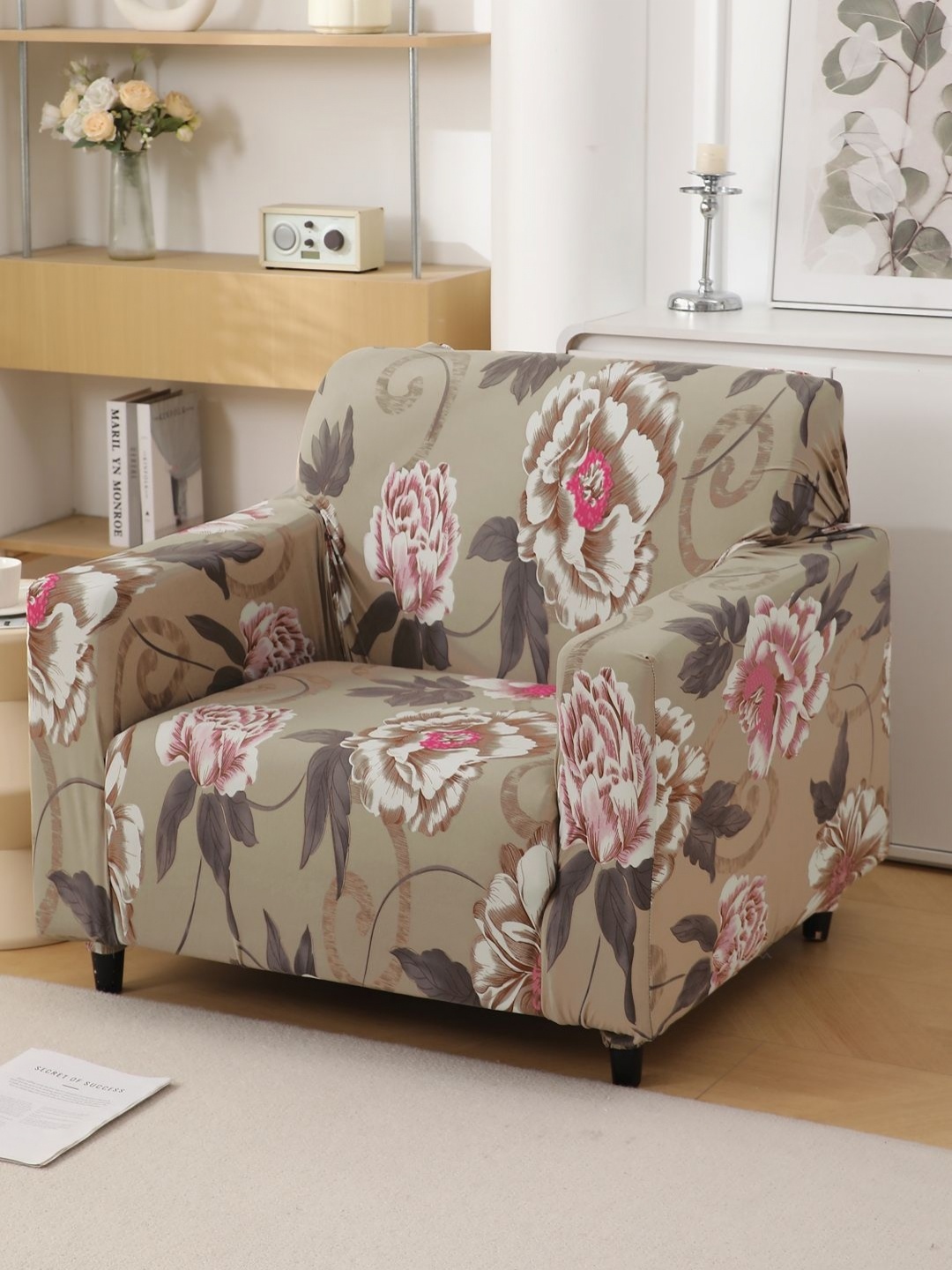 

HOKIPO Brown & Pink Floral Printed Single Seater Sofa Cover With Arms