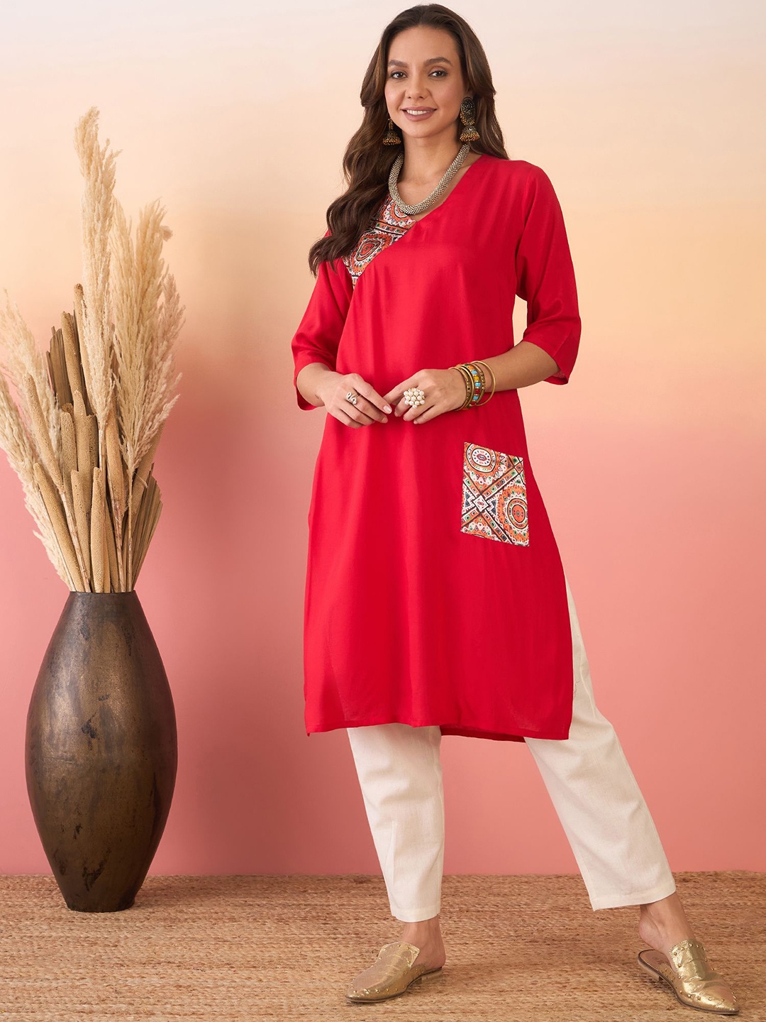 

Sangria Red Ethnic Motifs Yoke Design Round Neck Patch Pocket Straight Kurta