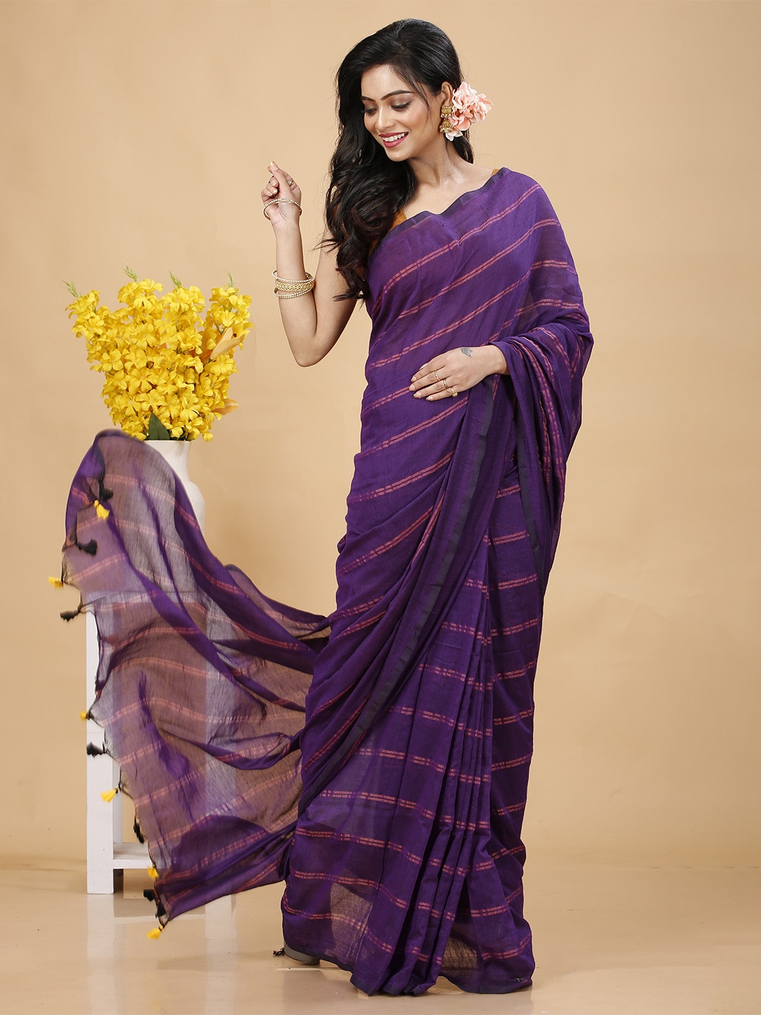 

SLAGHA Striped Pure Cotton Taant Saree, Purple