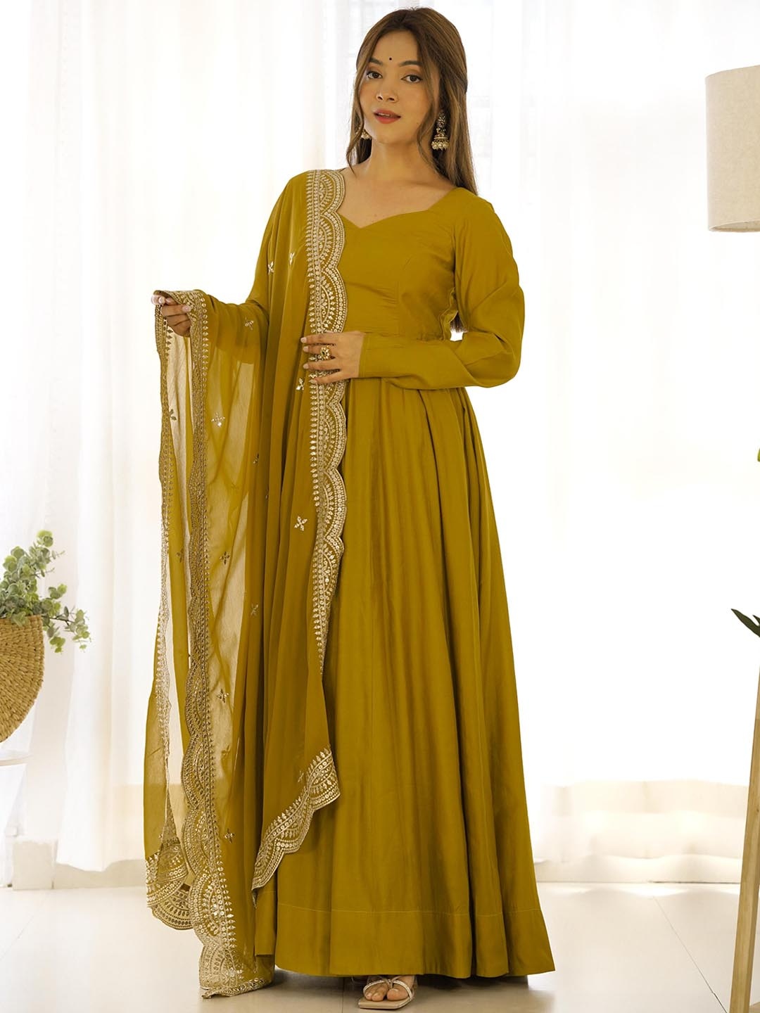 

KALINI Sweetheart Neck Anarkali Kurta With Trousers & Dupatta, Mustard