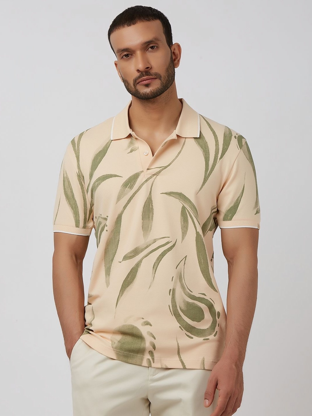 

Mufti Men Floral Printed Polo Collar Cotton Slim Fit T-shirt, Beige