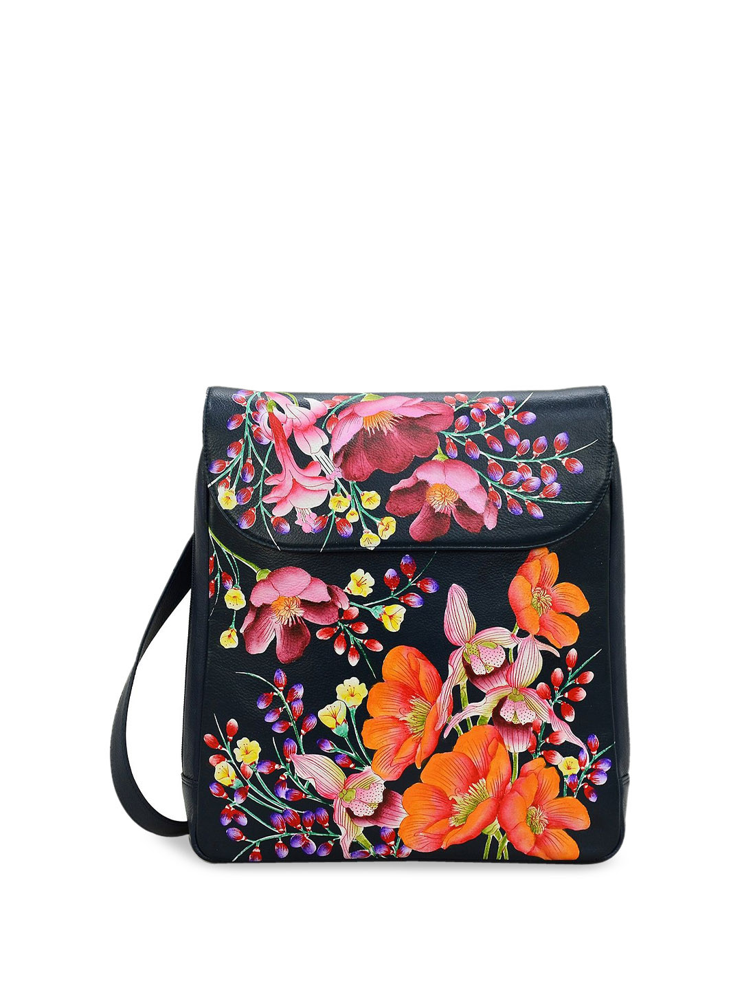 

Anuschka Floral Printed Leather Structured Sling Bag with Applique, Navy blue