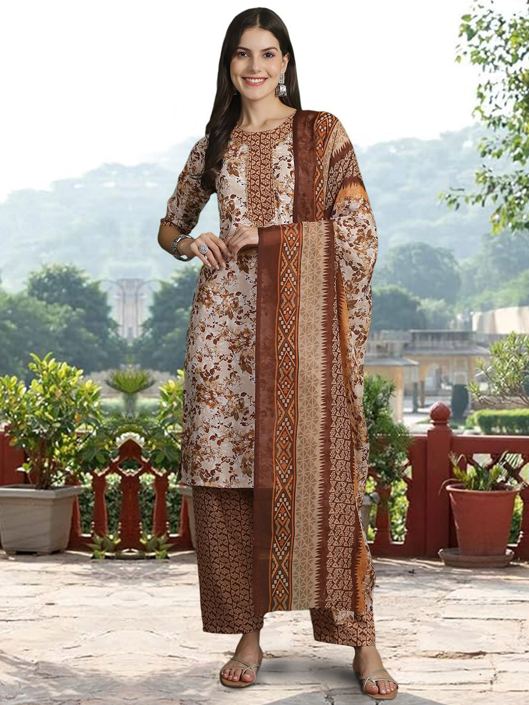 

7Threads Floral Printed Pure Cotton Kurta with Trousers & Dupatta, Beige
