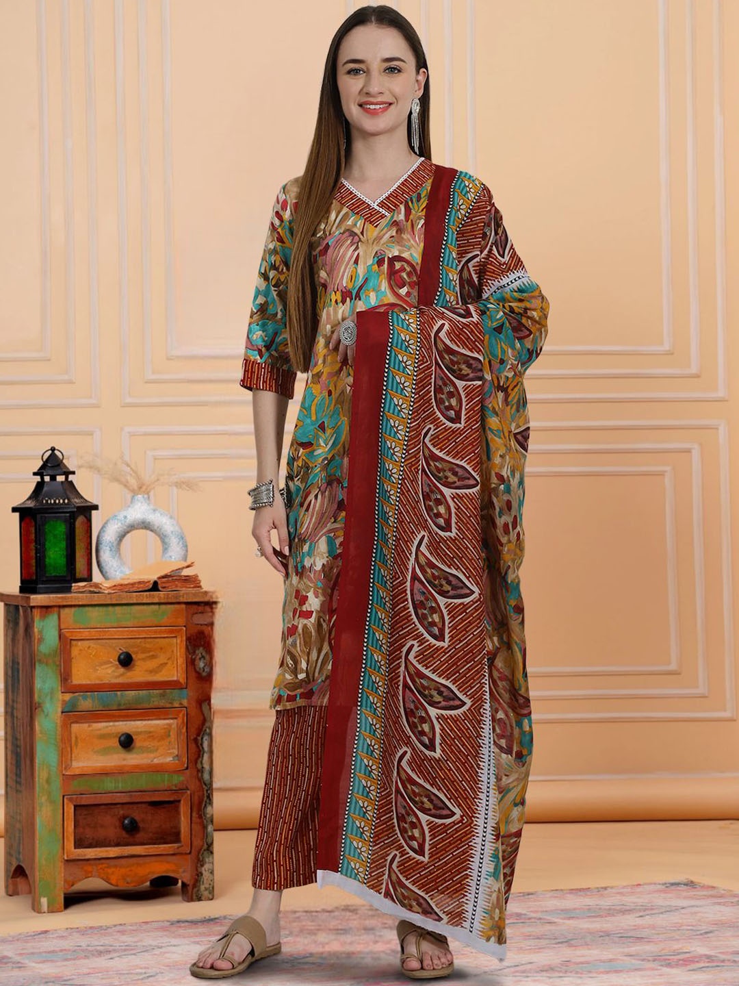 

7Threads Floral Printed V-Neck Pure Cotton Straight Kurta With Trousers & Dupatta, Mustard