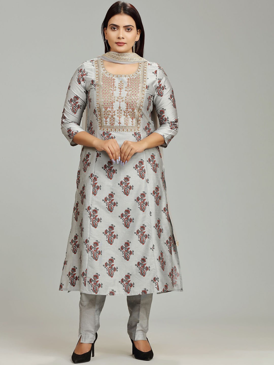 

COTTON CULTURE Floral Embroidered Sequinned Cotton Silk A-Line Kurta & Trouser & Dupatta, Grey