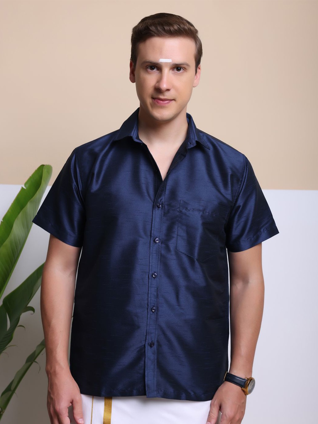 

FILO HEVIS Men Silk Solid Lungi Shirt, Navy blue