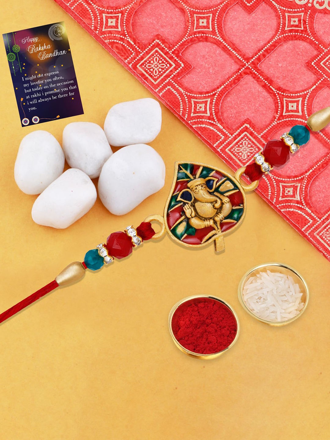 

Silver Shine Beaded Thread Rakhi With Roli Chawal & Greeting Card, Red