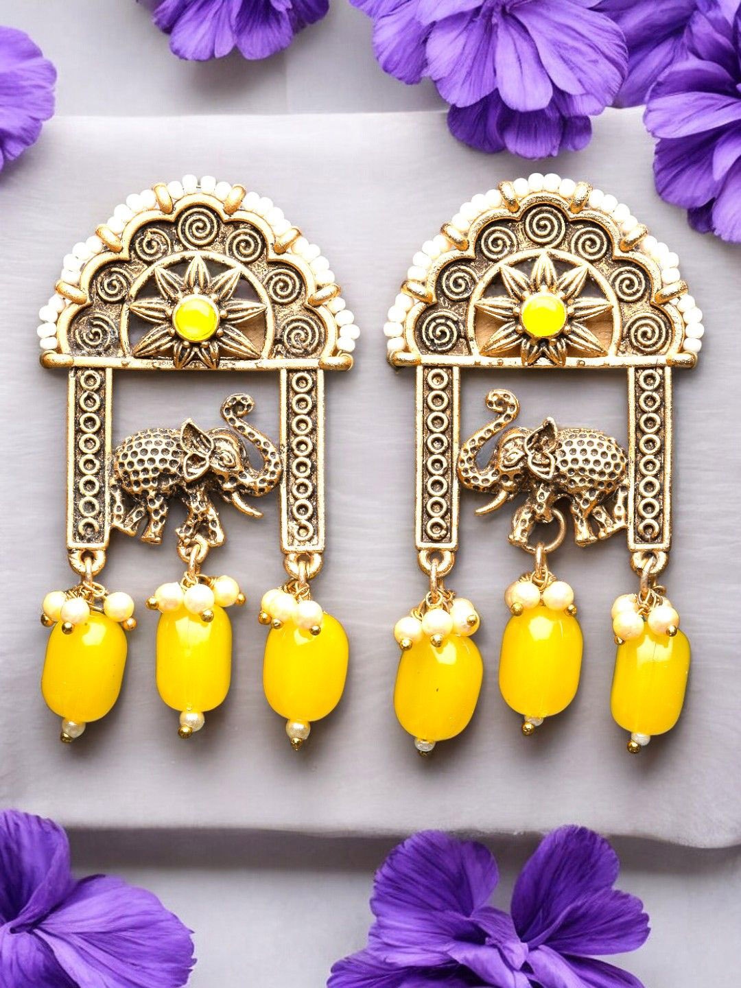 

ADIVA Gold Plated Stone Studded & Pearls Beaded Elephant Shaped Drop Earrings
