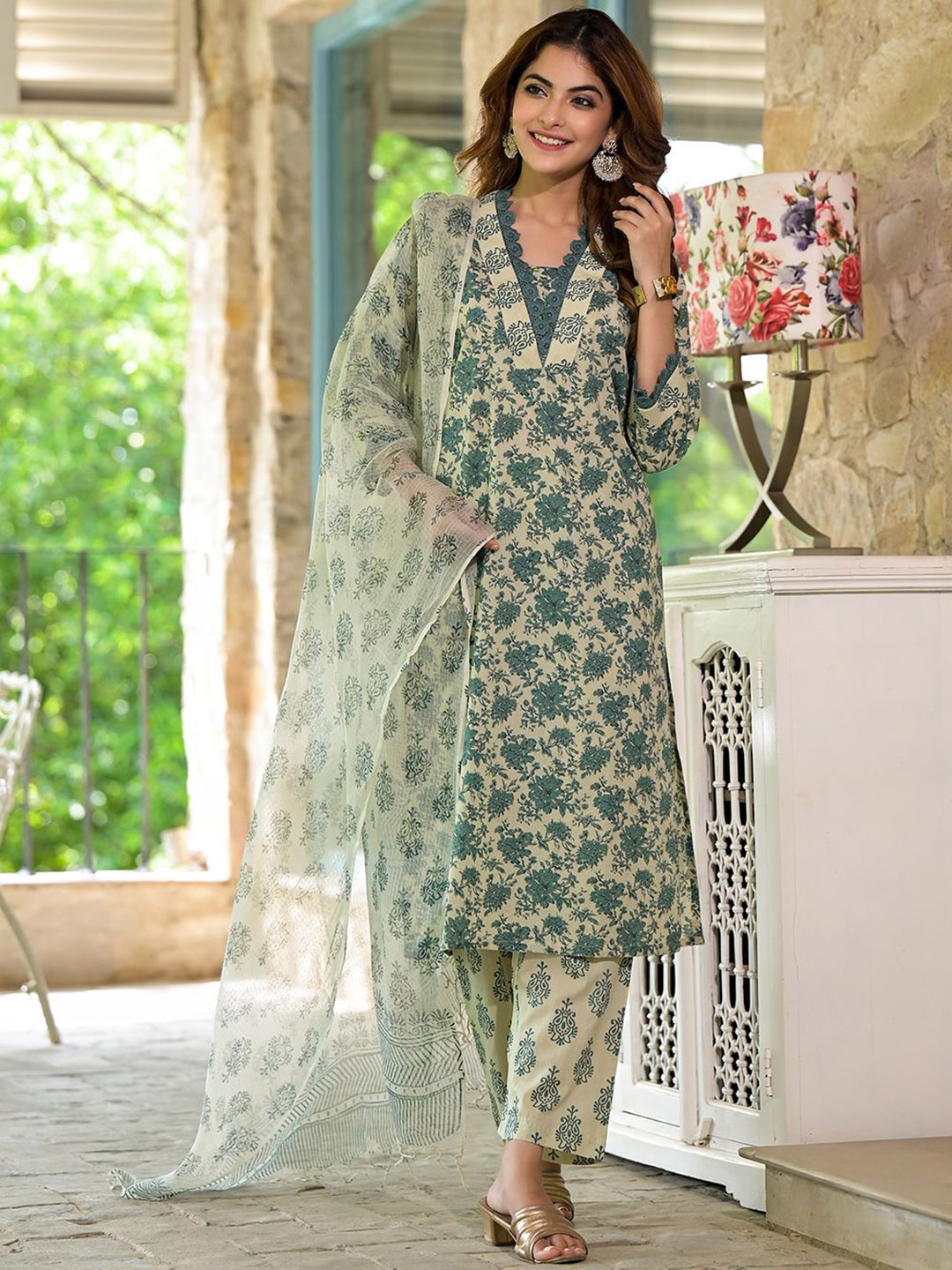 

Divena Floral Printed V-Neck Pure Cotton Lace Detail Straight Kurta With Trouser & Dupatta, Green