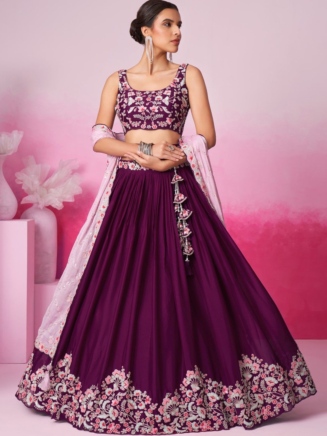 

panchhi Floral Embroidered Sequinned Semi-Stitched Lehenga & Unstitched Blouse & Dupatta, Burgundy