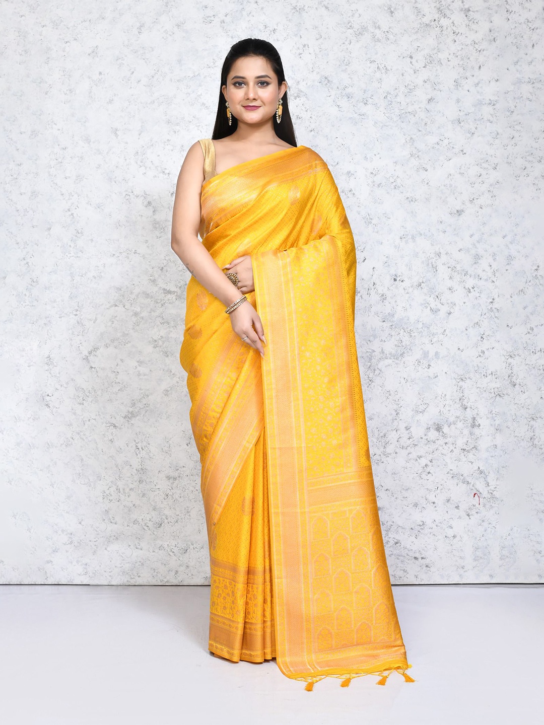 

SPRISH Ethnic Motifs Zari Woven Pure Silk Benarasi Saree, Yellow