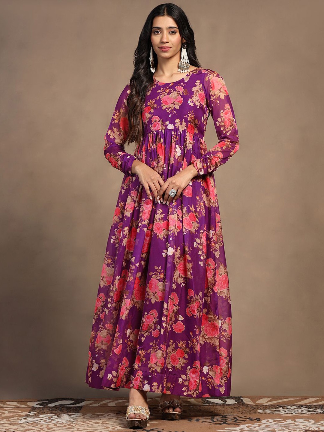 

FASHION DREAM Women Printed Fit and Flare Maxi Ethnic Dress, Purple