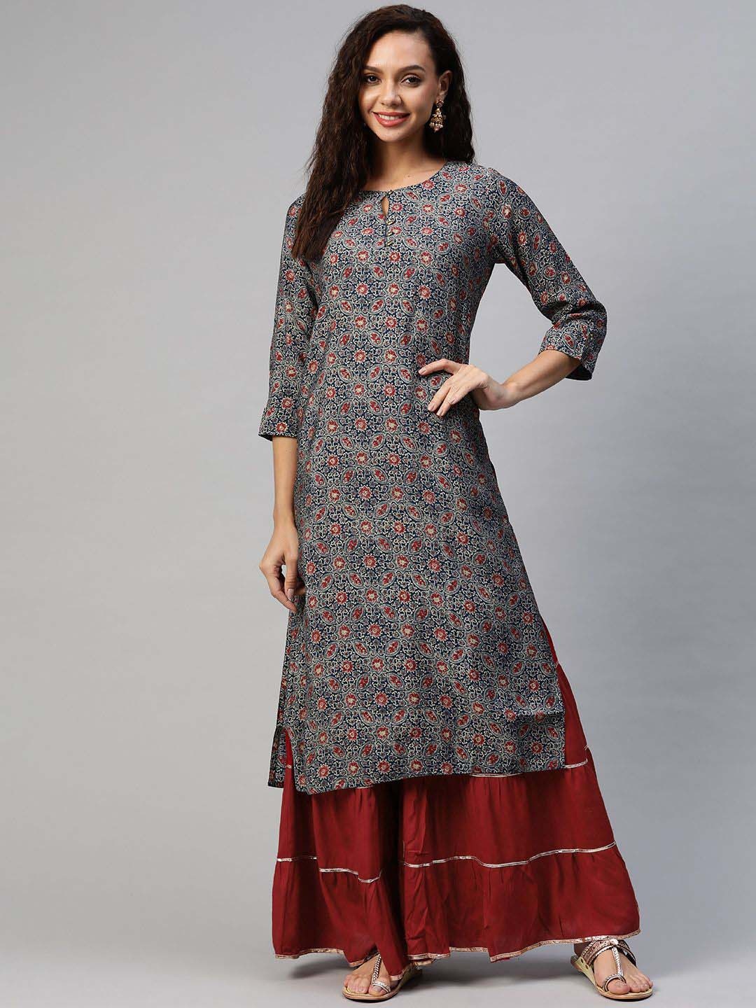 

BAESD Ethnic Motifs Printed Keyhole Neck Cotton Straight Kurta, Navy blue