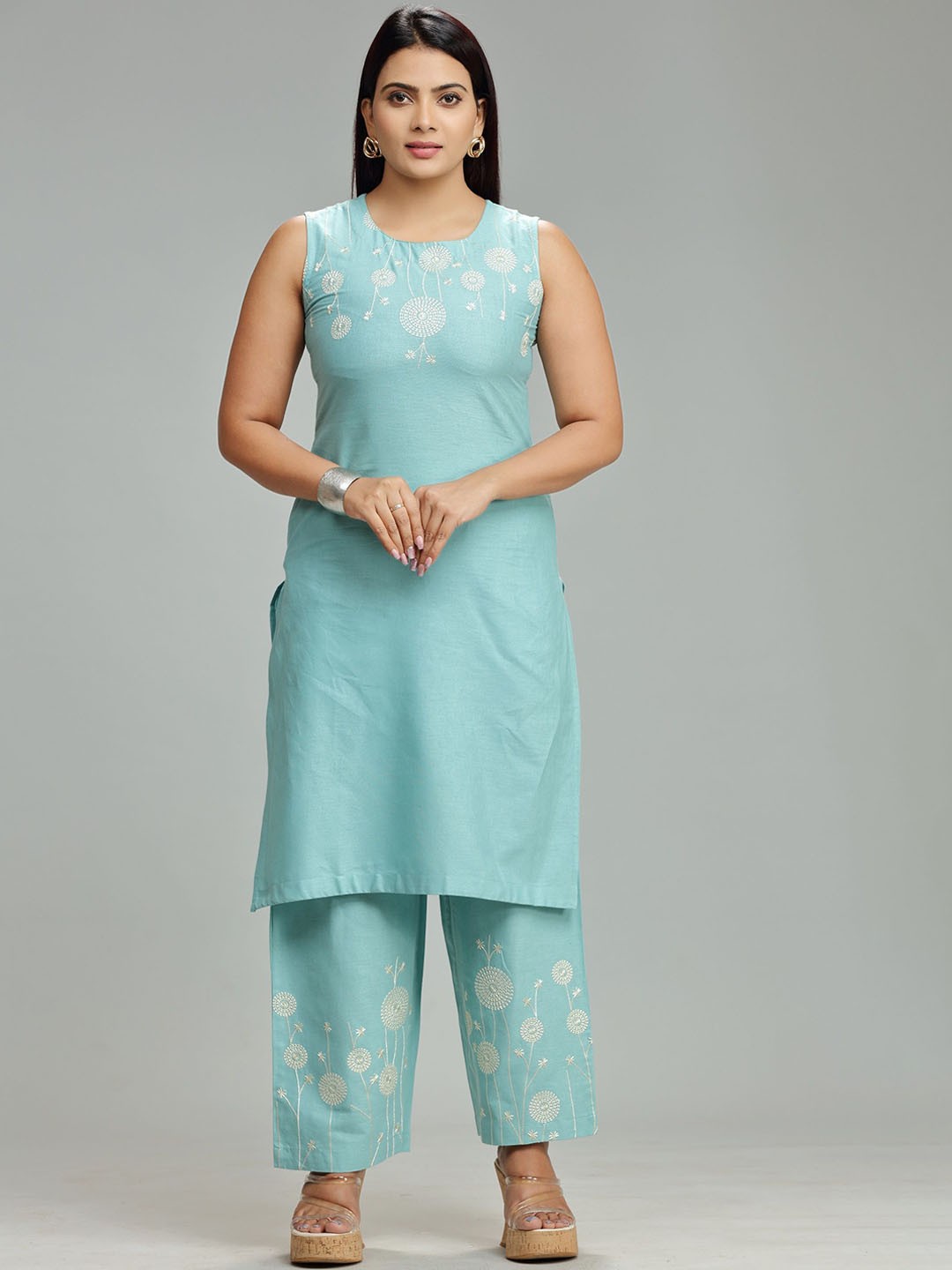 

COTTON CULTURE Women Floral Yoke Design Regular Thread Work Pure Cotton Kurta with Palazzos, Blue