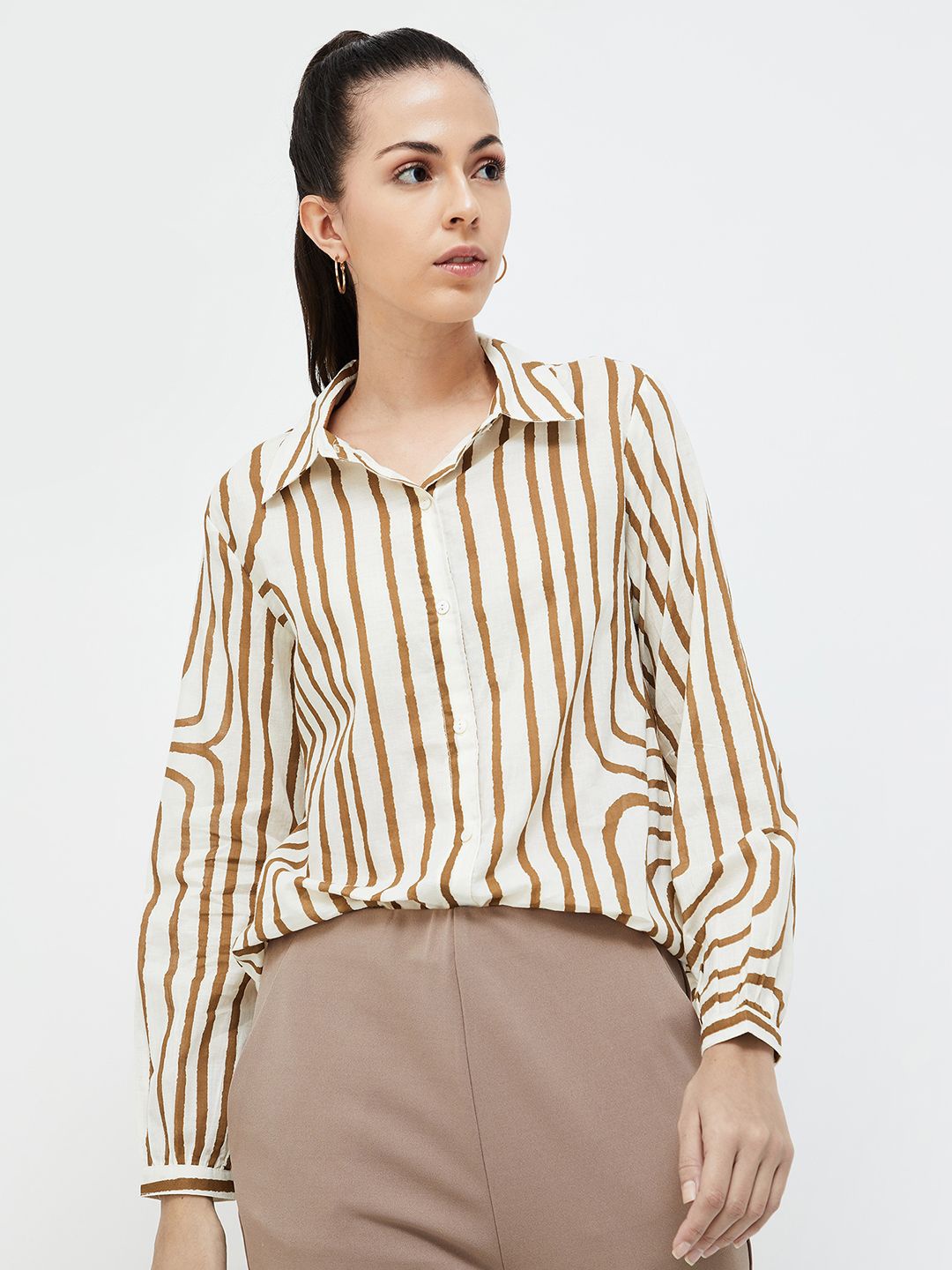 

CODE by Lifestyle Striped Cotton Shirt Style Top, Off white