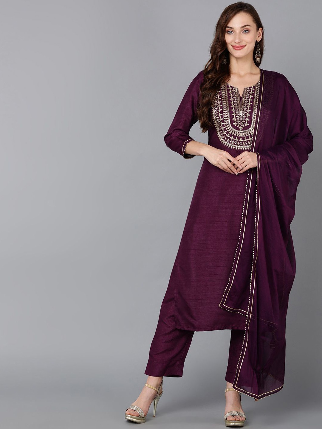 

Anouk Floral Embroidered Notch Neck Sequinned Straight Kurta with Trousers & With Dupatta, Purple