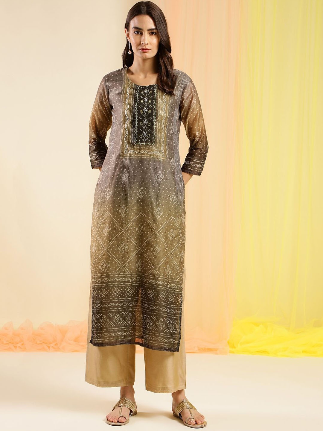 

Sangria Brown Bandhani Printed Mirror Work Straight Kurta