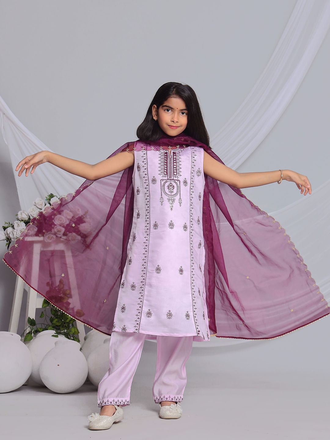 

misbis Girls Ethnic Motifs Embroidered Mirror Work Straight Kurta With Palazzos & Dupatta, Purple